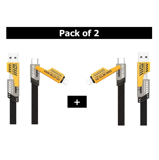 4 In 1 Data Cable – Usb-c & Lightning Connectors, Braided Durable Design, Fast Charging & Data Transfer, Black With Yellow Connectors