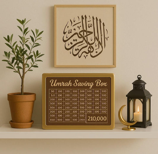 Premium Wooden Umrah Saving Box – Golden Acrylic Money Box | Islamic Gift